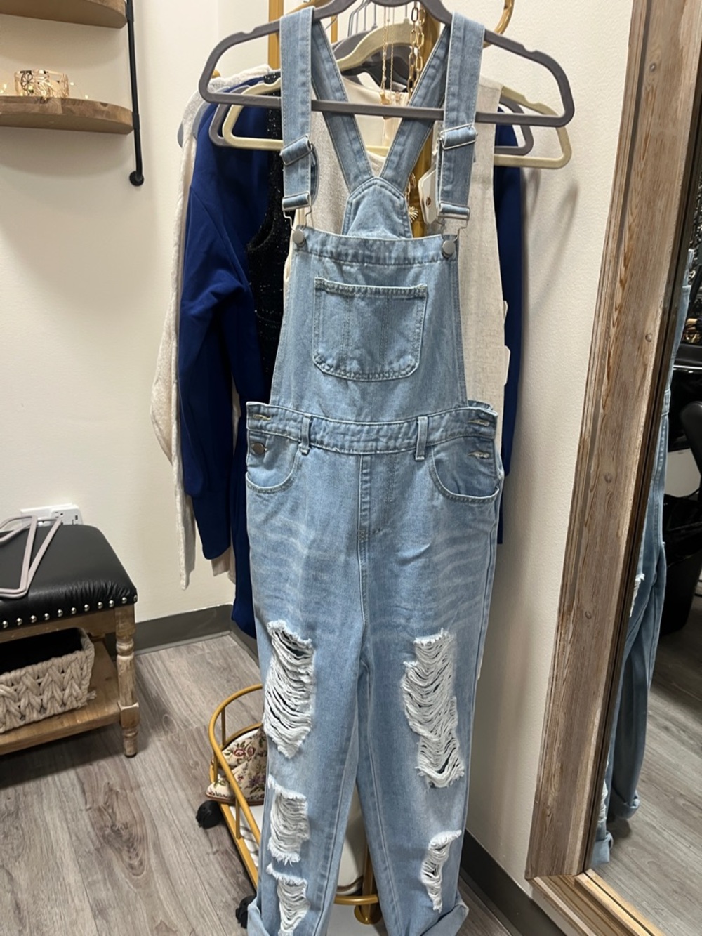 Light Wash Distressed Denim Overalls